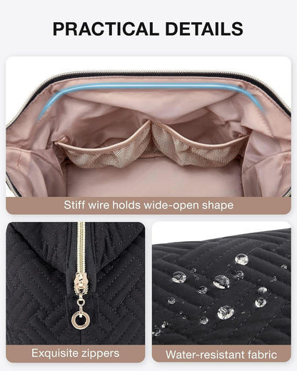 BAGSMART Travel Makeup Bag, Cosmetic Bag Make Up Organizer Case,Large Wide-Open Pouch for Women Purse for Toiletries Accessories Brushes, Black