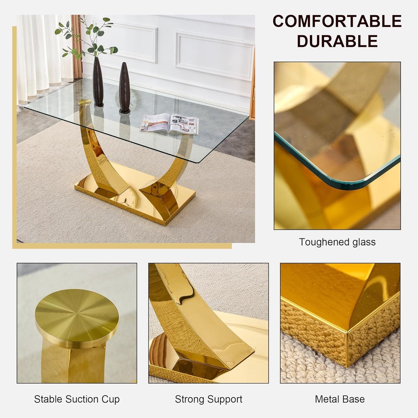 WEKEOT Modern Dining Table Rectangle Kitchen Table Tempered Glass Tabletop with Golden Leg Dinner Table for Dining Room, Office, Restaurant (160CM, Glass Tabletop and Golden Leg)