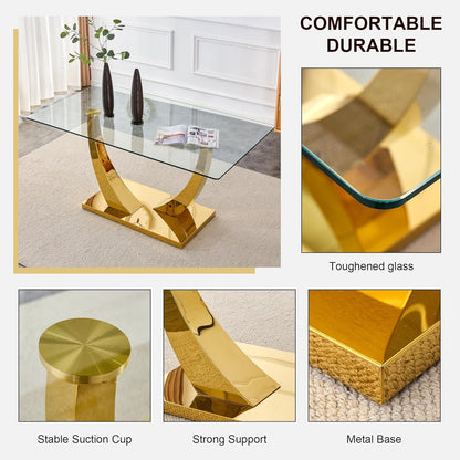 WEKEOT Modern Dining Table Rectangle Kitchen Table Tempered Glass Tabletop with Golden Leg Dinner Table for Dining Room, Office, Restaurant (160CM, Glass Tabletop and Golden Leg)
