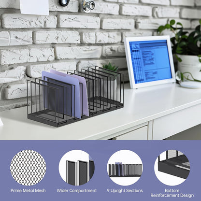 9-Section File Organizer for Desk, Vertical File Holder Desktop File Folder Organizer, Upright Mesh Desk Organizer Mail Organizer Office Organization for Home Office, Black, 2 Pack