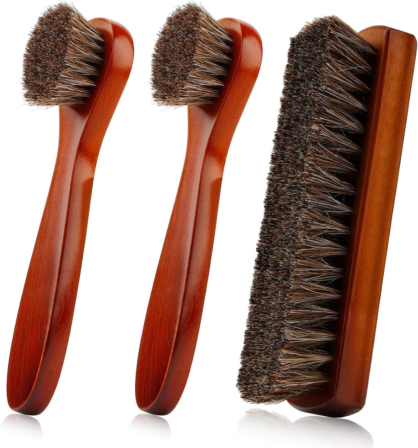 rugwioyu Horse Hair Brush for Leather - 3 Pieces Shoe Cleaning Tool - Soft Bristles, Anti-Static, Strong Water Absorption - Large & Long Handle Brushes - Brown