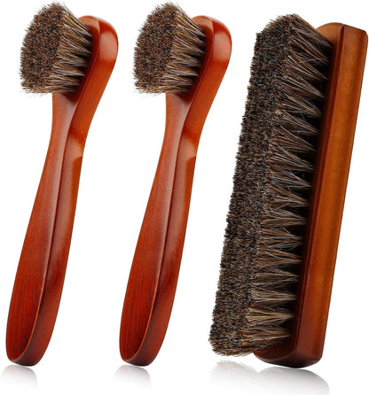 rugwioyu Horse Hair Brush for Leather - 3 Pieces Shoe Cleaning Tool - Soft Bristles, Anti-Static, Strong Water Absorption - Large & Long Handle Brushes - Brown