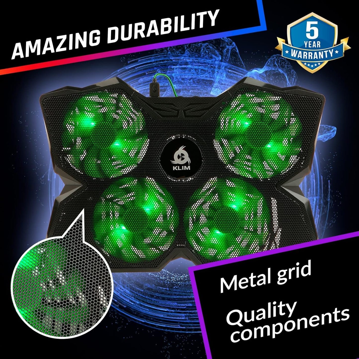 KLIM Wind Laptop Cooling Pad - More Than 500 000 Units Sold - New Version - The Most Powerful Rapid Action Cooling Fan - Laptop Stand with 4 Cooling Fans at 1200 RPM - USB Fan - PS5 PS4 - Green