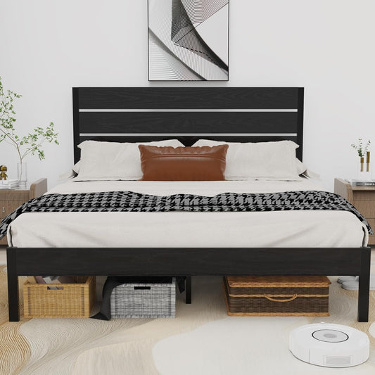 SANGMUCEN Double Bed Frame with Wood Headboard and Footboard, Metal Full Bed Frame with Under Bed Storage, All-Metal Support System, No Box Spring Needed, Noise Free, Easy Assembly, Black HBF021B01