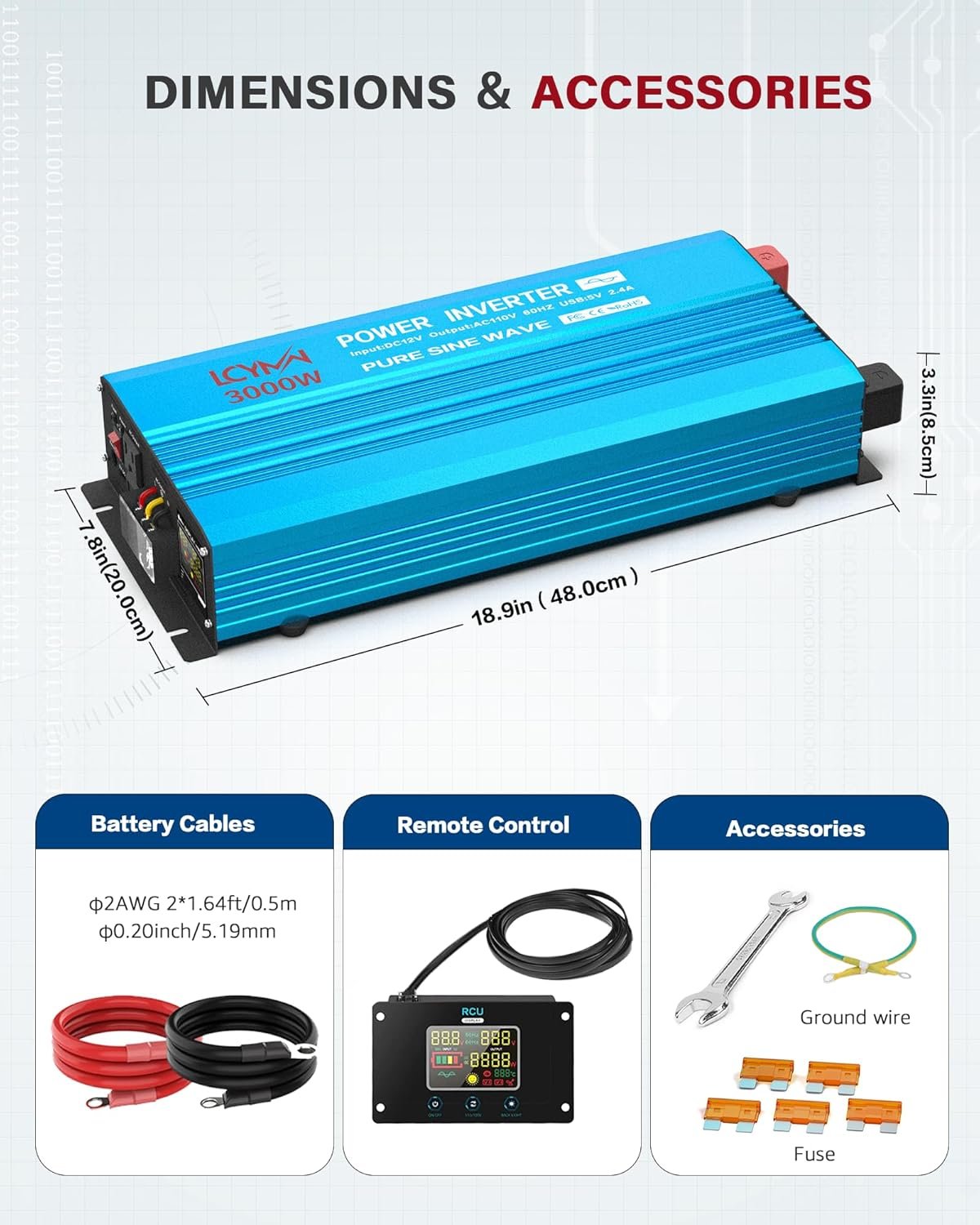 LCYMW 3000 Watt Inverter Pure Sine Wave DC 12V to 110V AC Power Inverters with 3 AC Charger Outlets, Car Inverter Solar Power Inverters for Vehicles Home with LCD Display and 2.4A USB Charging Ports