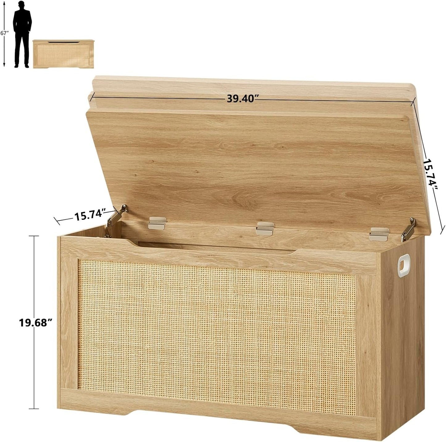 FIONESO 100cm Rattan Storage Chest, Wooden Toy Chest with 2 Safety Hinges, Lift Top Storage Box with Gel Bumpers, Storage Trunk, Storage Bench for Hallway, Natural
