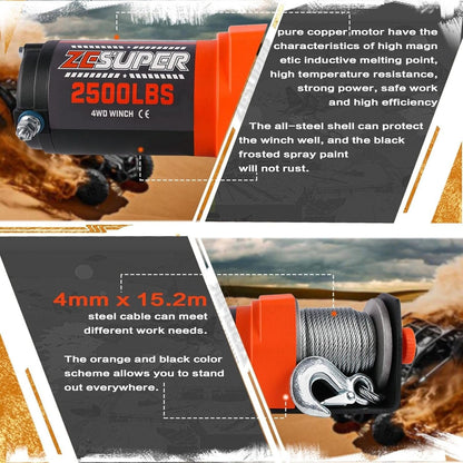 ZESUPER Winch Electric12V 2500LBS/1135KG with Steel Rope for Boat Trailer ATV UTV Quad Little Electric Winch 4WD Automotive Accessories Safety Rescue Tool