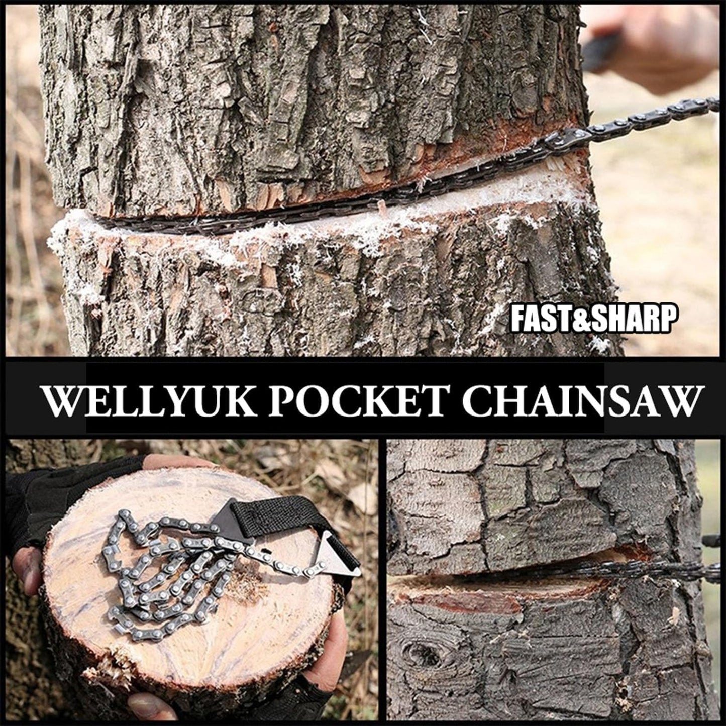 WELLYUK Survival Pocket Chain Saw 24 Inch with Teeth Blades Heavy Duty Steel Rope Chainsaw, 11 Teeth Compact Wood Cutting Hand Saw Tools for Outdoor Camping Hiking Hunting Tree Trimming Firestarter