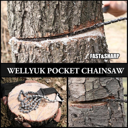 WELLYUK Survival Pocket Chain Saw 24 Inch with Teeth Blades Heavy Duty Steel Rope Chainsaw, 11 Teeth Compact Wood Cutting Hand Saw Tools for Outdoor Camping Hiking Hunting Tree Trimming Firestarter