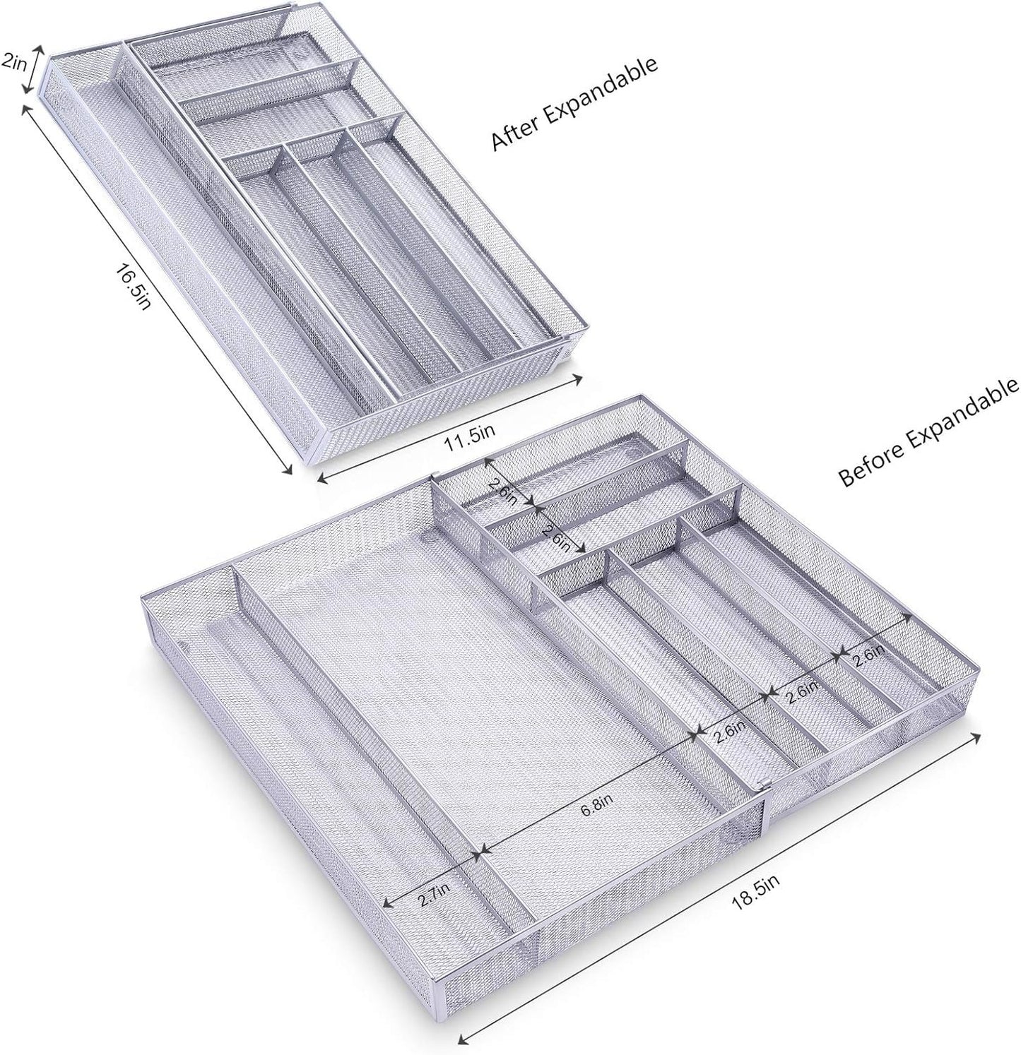 Mesh Kitchen Drawer Organizer Expandable, 7 Compartment Large Silverware Organizer/Cutlery Tray with Anti-Slip Mat, Adjustable Utensils Flatware Tray