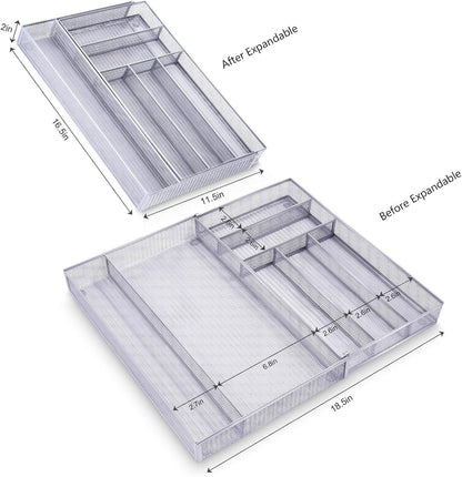 Mesh Kitchen Drawer Organizer Expandable, 7 Compartment Large Silverware Organizer/Cutlery Tray with Anti-Slip Mat, Adjustable Utensils Flatware Tray