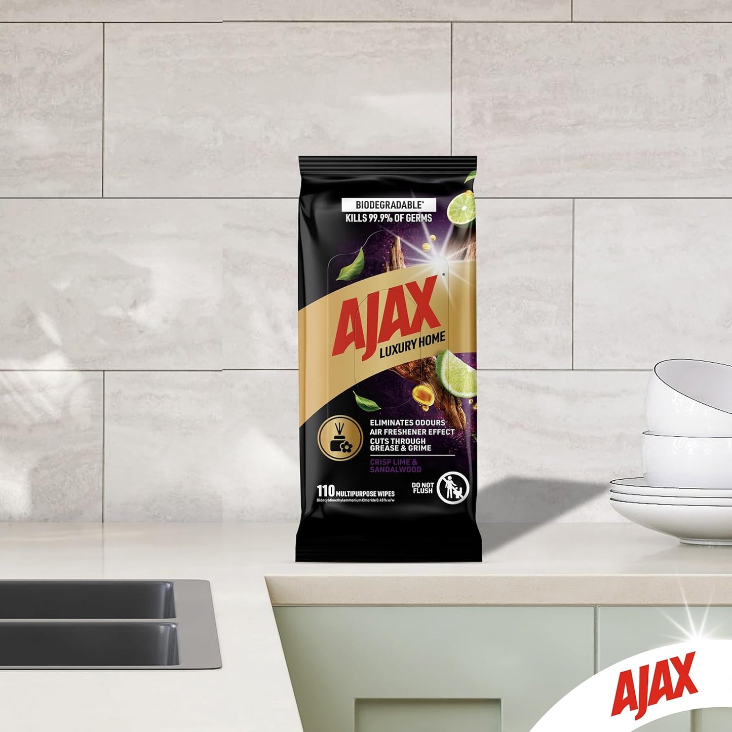 Ajax Luxury Home Multipurpose Cleaning Wipes Crisp Lime & Sandalwood 110 Pack