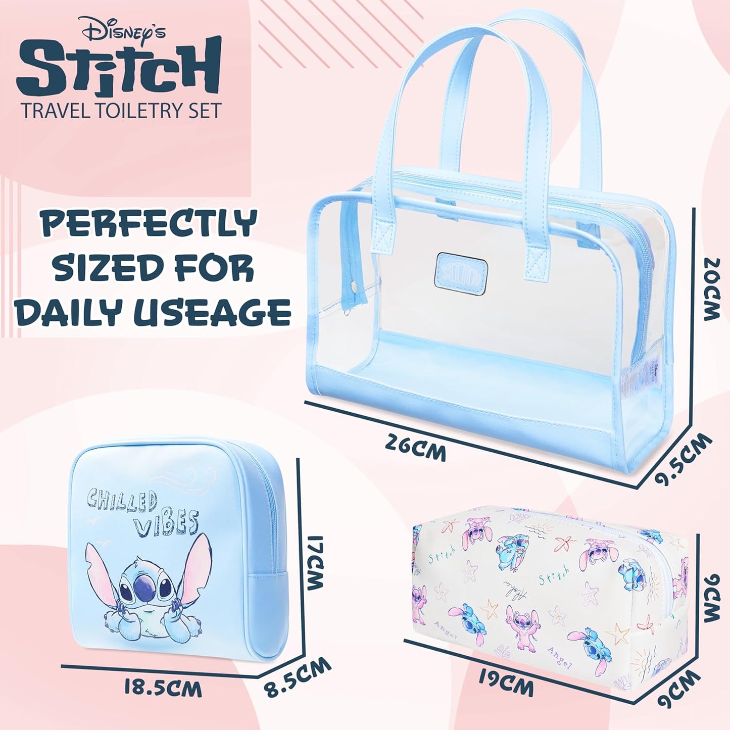Disney Stitch, Set of 3 Women's Girl Makeup Bag, true blue / vintage white, Taglia Unica, Beauty Case