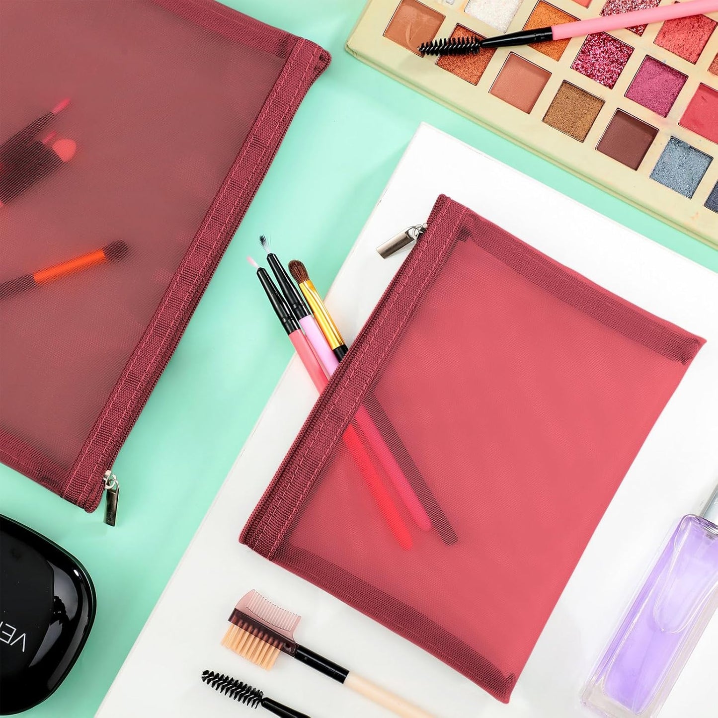 6 Pieces Mesh Makeup Bags Mesh Cosmetic Bag Portable Travel Organizing Zipper Pouch Toiletries Makeup Pouches for Home Office Travel Accessories (Wine Red)