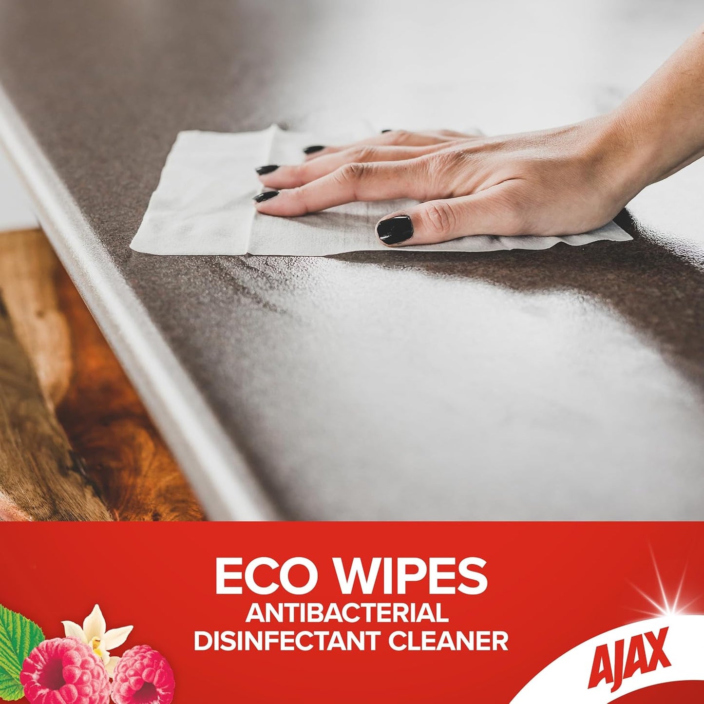 Ajax Eco Antibacterial Disinfectant Surface Cleaning Wipes, Bulk 110 Pack, Vanilla and Berries, Multipurpose, Biodegradable and Compostable, Made with Bamboo Fibres