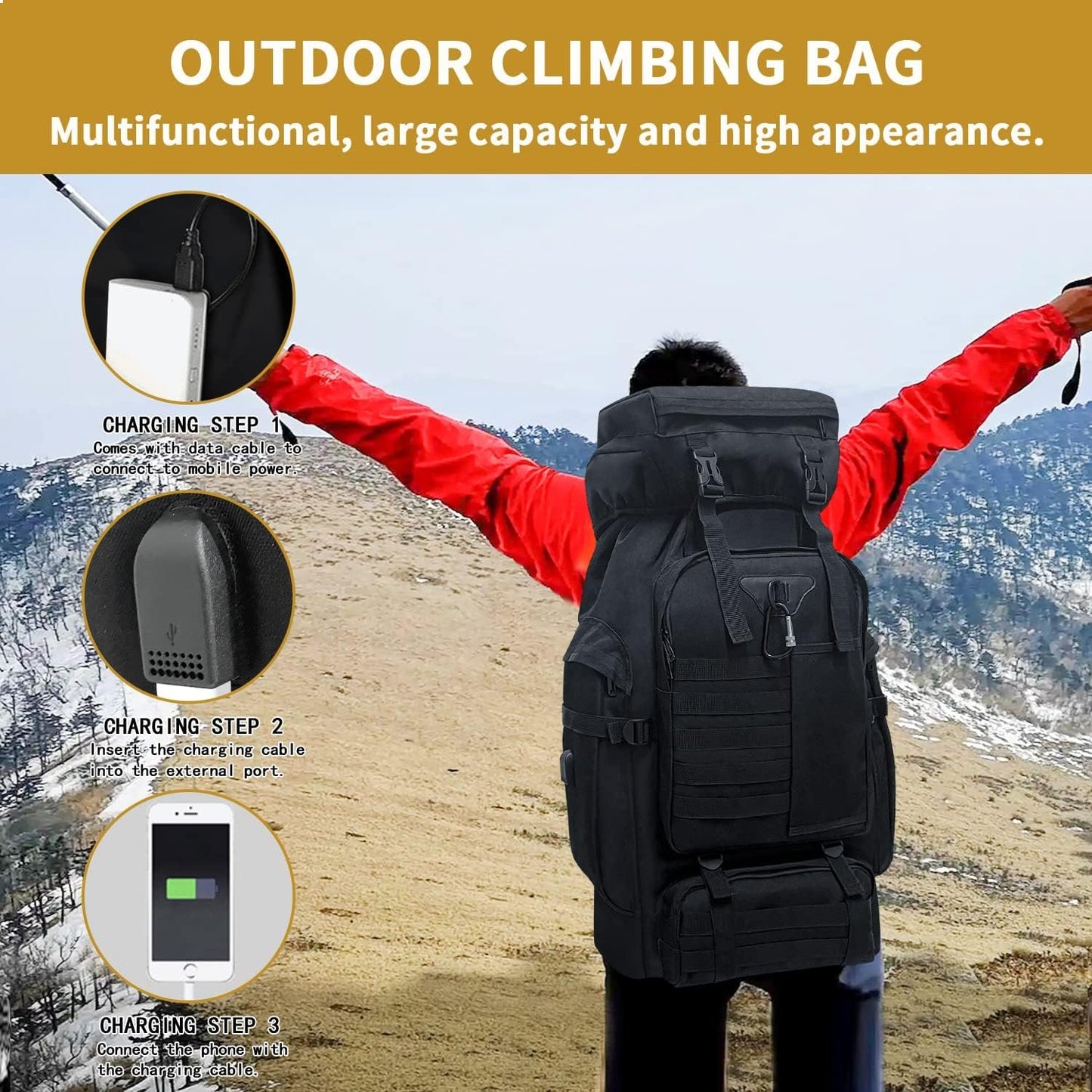 Vaupan 80L Camping Hiking Backpack, Large Military Tactical Backpack, Waterproof Travel Daypack With Carabiner Outdoor Molle Rucksack for Men Women (Black)