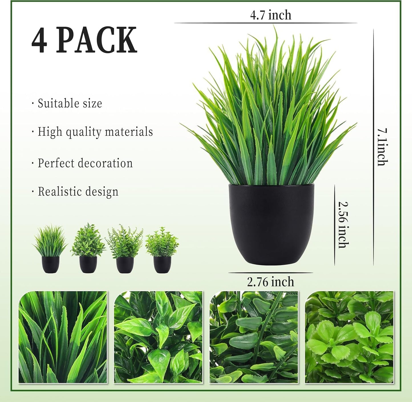 Der Rose Fake Plants 4 Packs Artificial Plants Small Faux Plants in Black Pot for Bathroom Home Office Desk Coffee Table Accessories Decor Indoor