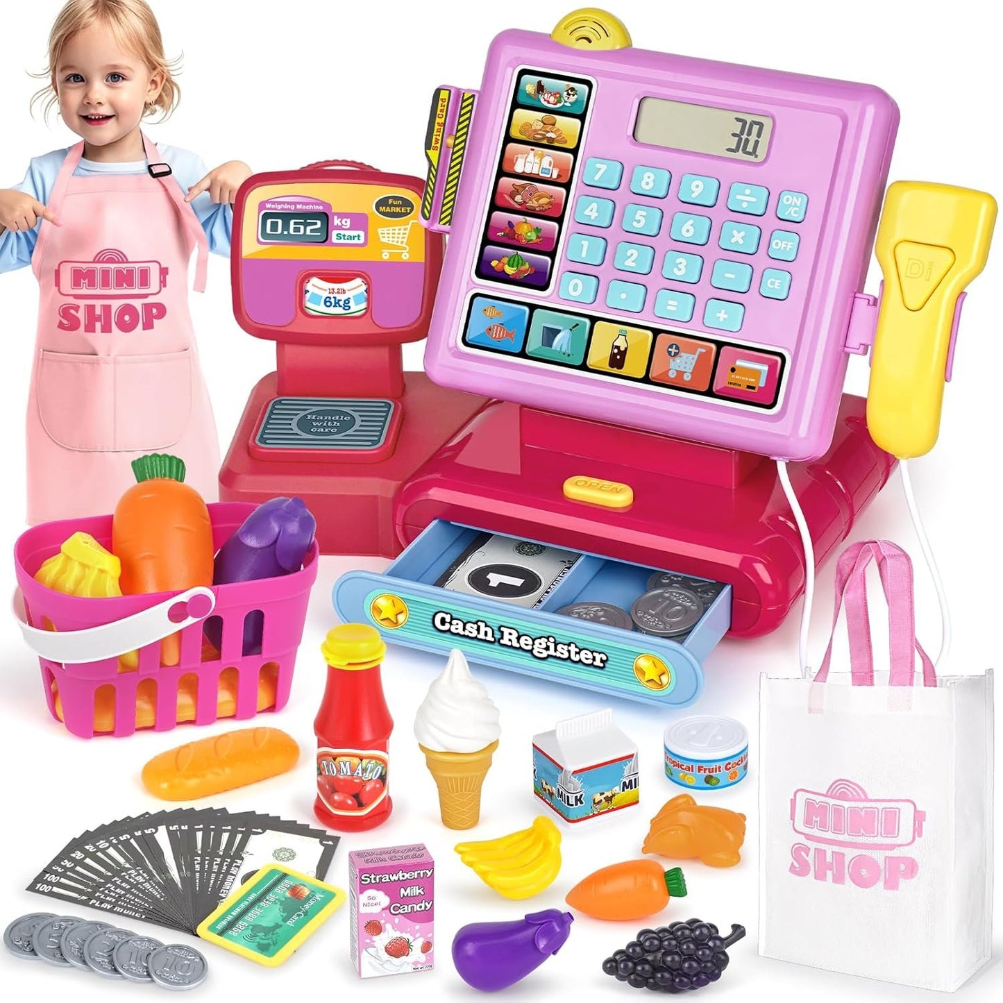 Dreamon Cash Register Toy for Kids with Scanner, Caisse Enregistreuse Enfant, Play Money Shopping Cart Educational Learning Gifts for Girl Boys Ages 3 4 5 6 7 8