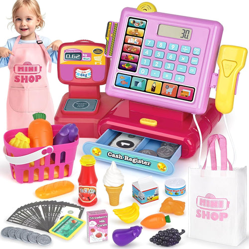 Dreamon Cash Register Toy for Kids with Scanner, Caisse Enregistreuse Enfant, Play Money Shopping Cart Educational Learning Gifts for Girl Boys Ages 3 4 5 6 7 8