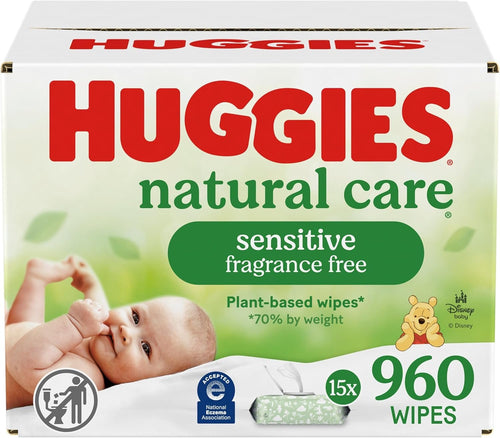 Huggies Natural Care Sensitive Baby Wipes, Unscented, Hypoallergenic, 99% Purified Water, 15 Flip-Top Packs (960 Wipes Total)