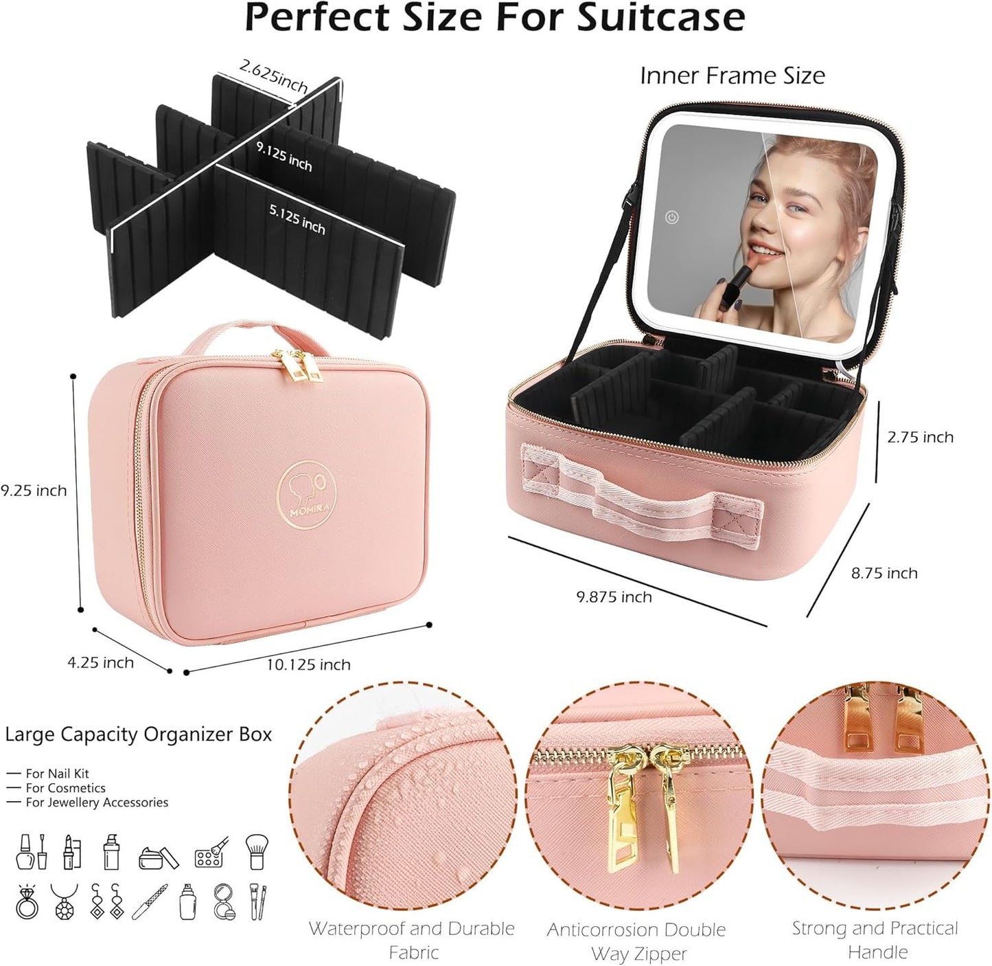 MOMIRA Travel Makeup Case with Large Lighted Mirror Partitionable Cosmetic Bag Professional Cosmetic Artist Organizer, Waterproof Portable, Accessories Case, Tools Case Pink