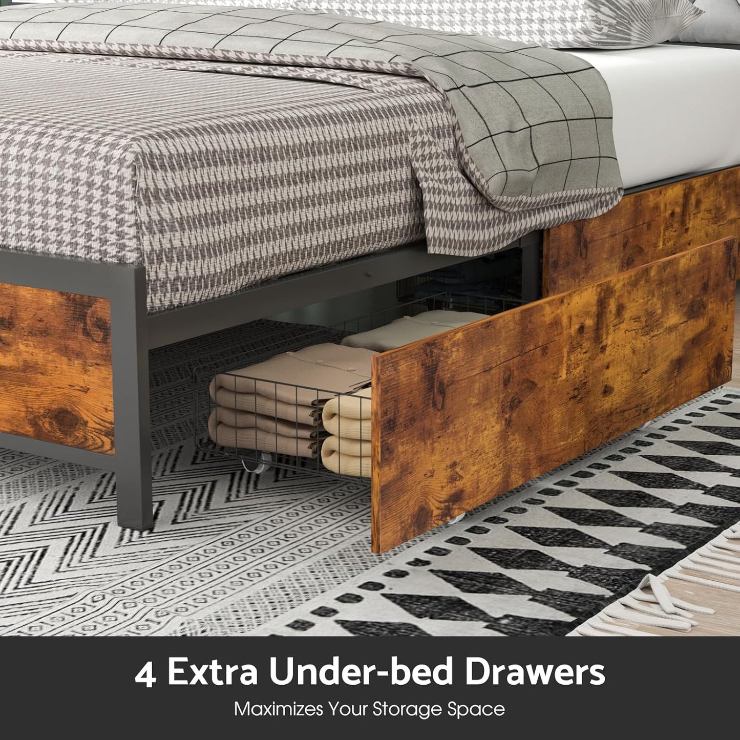 Ufurniture Double Bed Frame Industrial, Mattress Base with 4 Storage Drawers, USB Ports and Storage Headboard