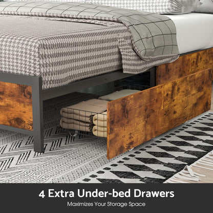Ufurniture Double Bed Frame Industrial, Mattress Base with 4 Storage Drawers, USB Ports and Storage Headboard