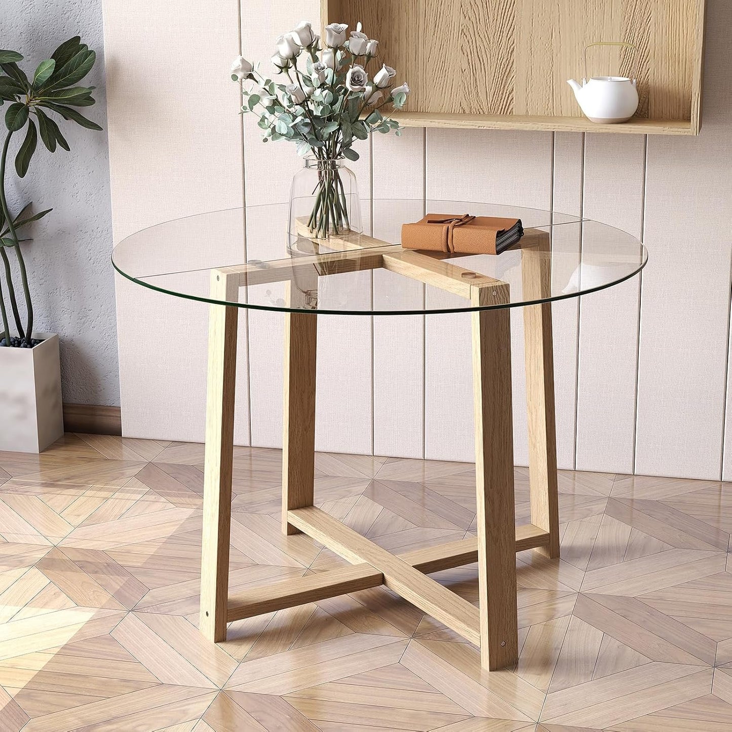 Tangkula 42" Round Glass Dining Table for 4-6, 0.3” Tempered Glass Tabletop with X-Shaped Rubber Wood Frame, Modern Kitchen Table for Home Kitchen Dining Room Breakfast Nook (Single Table)