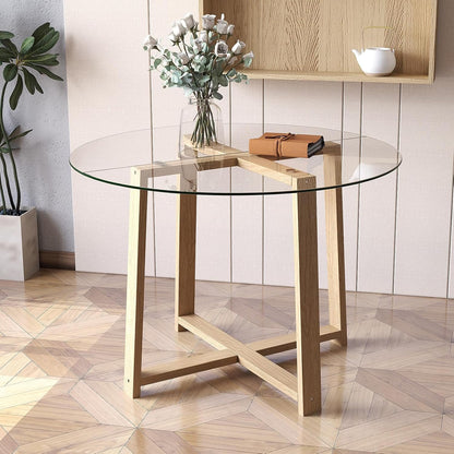Tangkula 42" Round Glass Dining Table for 4-6, 0.3” Tempered Glass Tabletop with X-Shaped Rubber Wood Frame, Modern Kitchen Table for Home Kitchen Dining Room Breakfast Nook (Single Table)