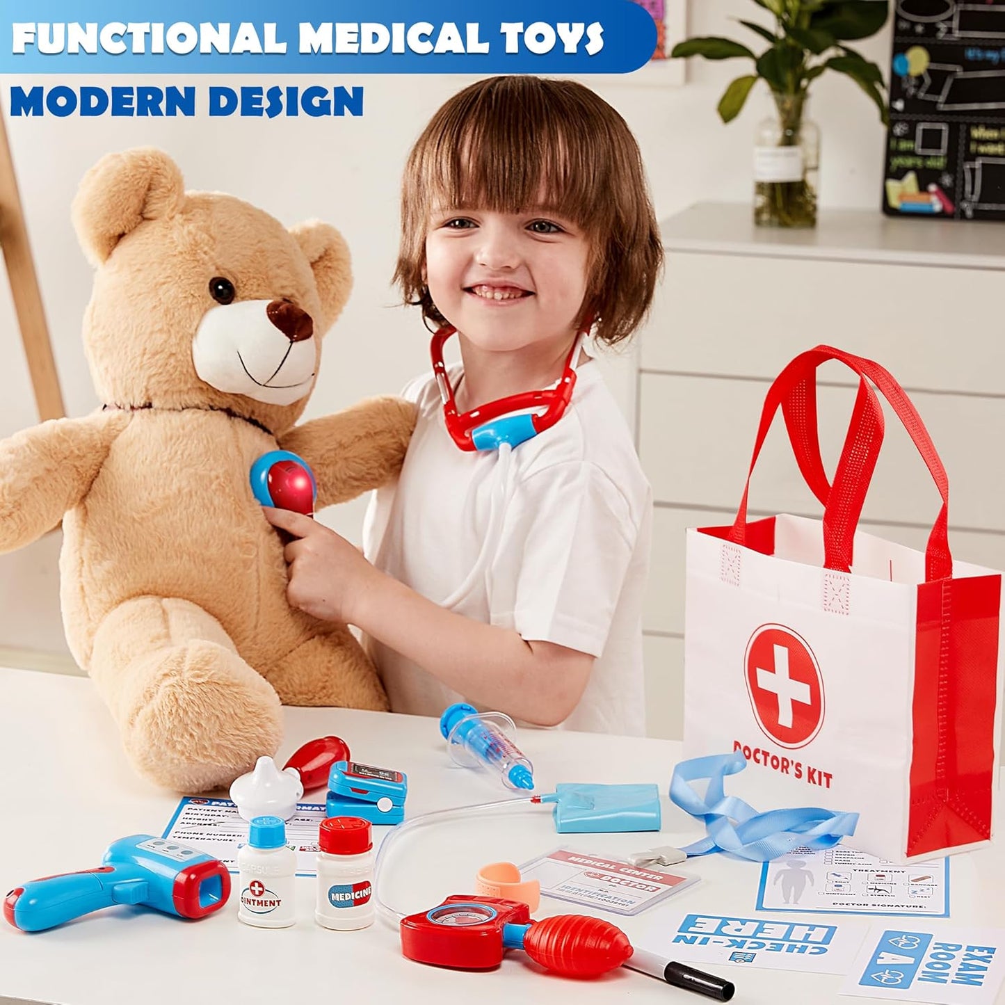 Play-Act Kids Doctor Kit, 16-Piece Pretend Play Medical Kit with Bag, Doctor Role Play Set with Realistic Toy Stethoscope, Reusable Record Cards, Dress Up Playset for Toddlers Ages 3+