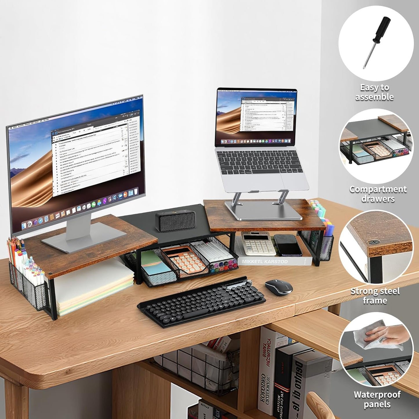 OPNICE Desk Dual Monitor Stand Riser - Desk Organizer with Drawer and Pen Holders, Office Desk Accessories & Workspace Organizers, Office Organization Computer Monitor Stand for Laptop, Printer, TV,