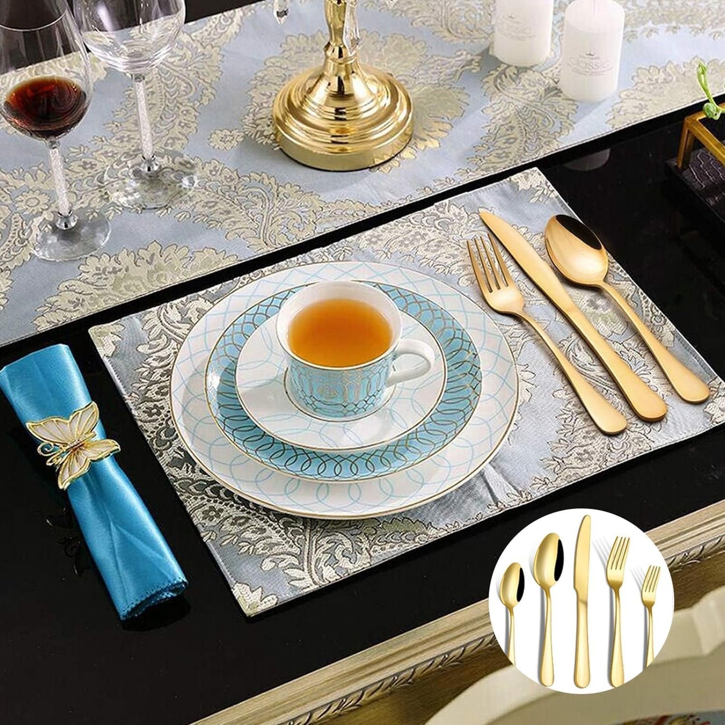 Miecux Stainless Steel Cutlery Set, 10Pcs Stainless Steel Flatware Gold Silverware Set Service for 2, Tableware Eating Utensils Include Knives/Forks/Spoons for Home Restaurant Party (Gold)