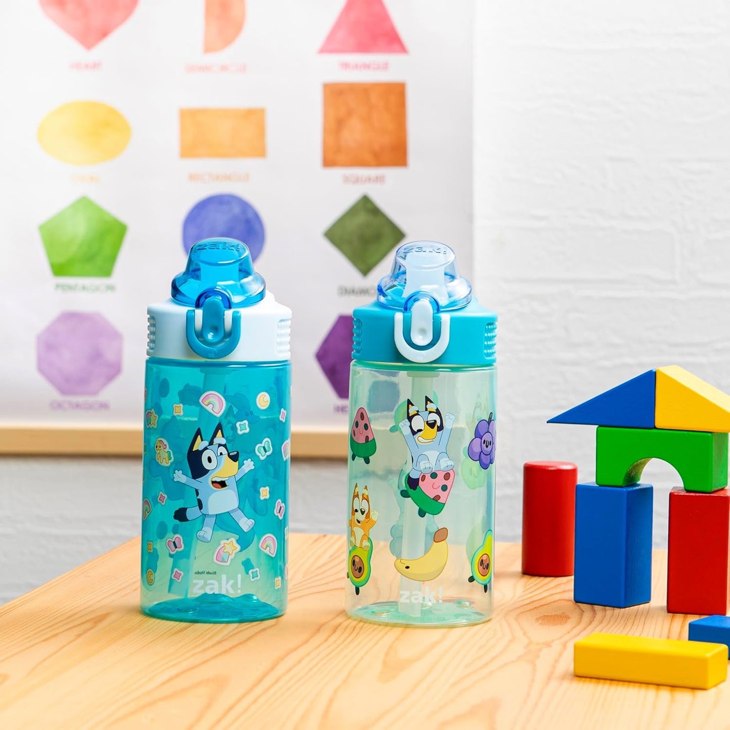 Zak Designs Bluey Kids Water Bottle for School or Travel, 16oz Durable Plastic Water Bottle with Straw, Handle, and Leak-Proof, Pop-Up Spout Cover, 2-Pack Set (Bluey & Bingo)
