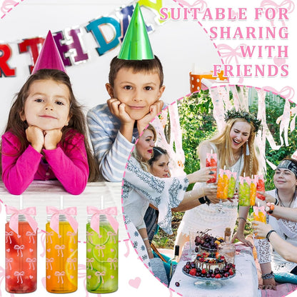 24 Pcs Pink Bow Plastic Bottle with Lid Twist Bow and 8 Straws,14oz Cute Drinkware for Women, Coquette Bow Bottle for Women Birthday Party Bridal Shower Wedding Supplies Decorative Bottles