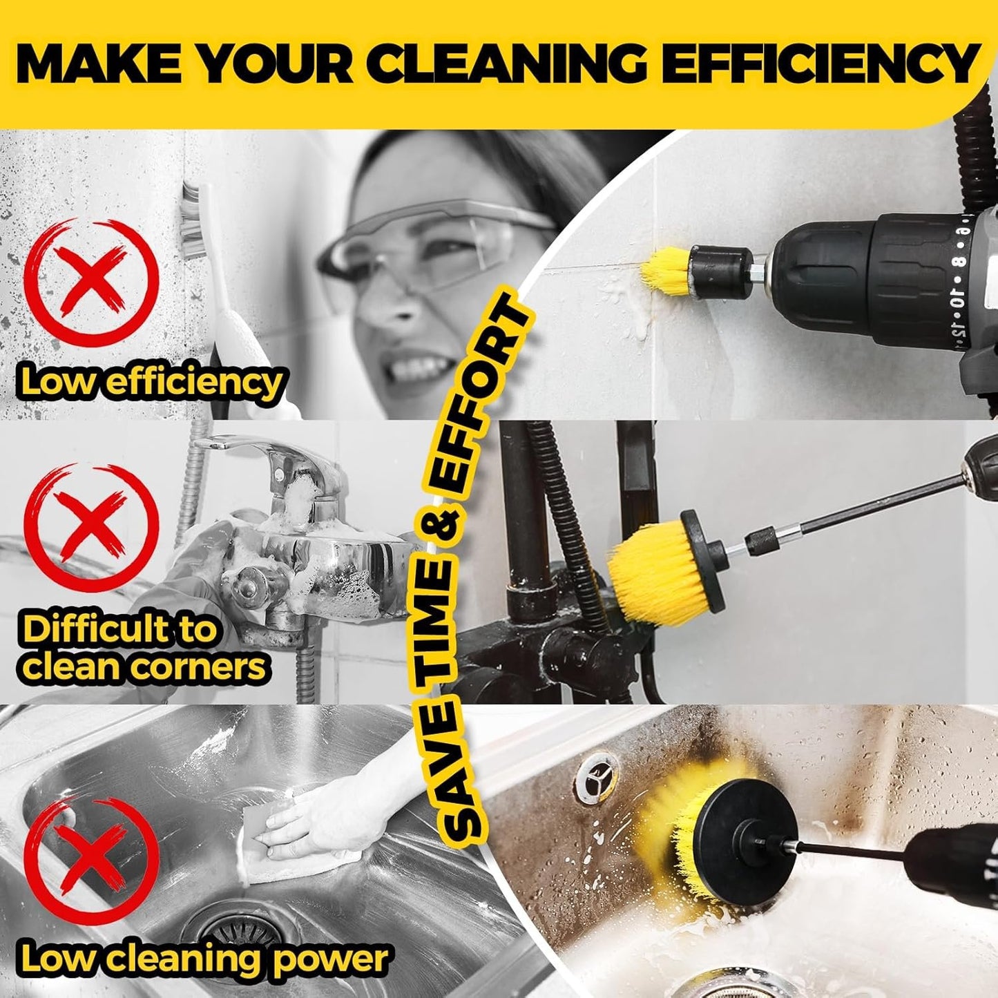 Holikme 10Pieces Drill Brush Attachments Set, Power Scrubber Brush with Extend Long Attachment，Scrub Brush，Shower Scrubber，Cleaning Supplies,Yellow