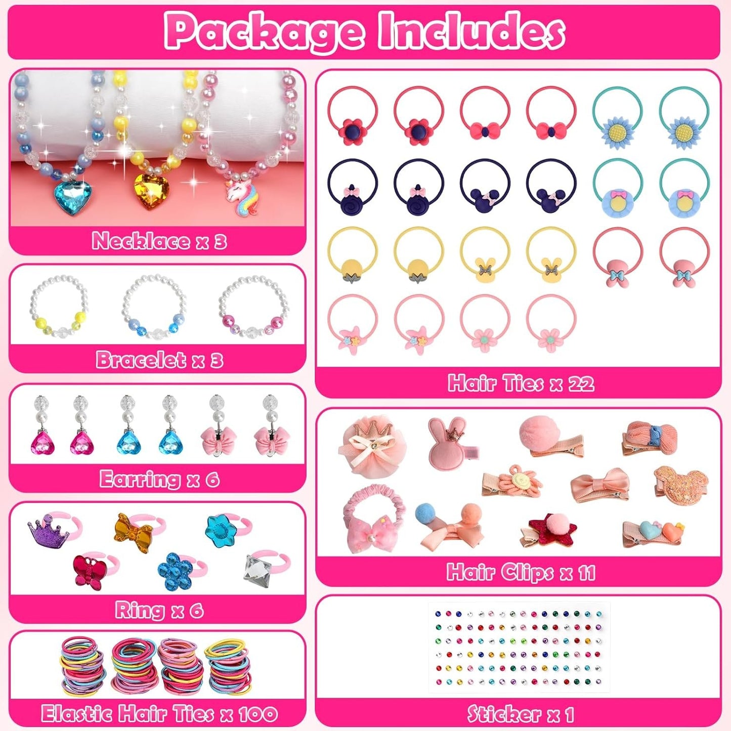 Kids Jewelry Kit Girls Toys, 153pcs Girls Dress Up Play Jewelry Set Kids Toys with Necklaces Bracelets Rings Earrings Hair Accessories and Storage Box, Christmas Birthday Gifts for 3-8 Year Old Girl