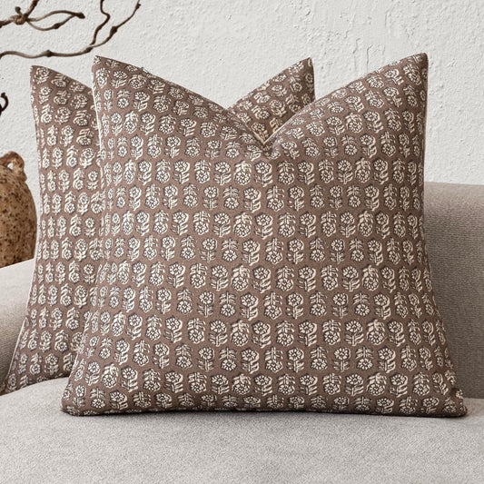 Foindtower Set of 2 Decorative Vintage Floral Print Throw Pillow Covers Neutral Modern Farmhouse Cushion Covers Boho Home Decor For Sofa Couch Chair Bedroom Living Room Outdoor,20×20 Inch,Brown