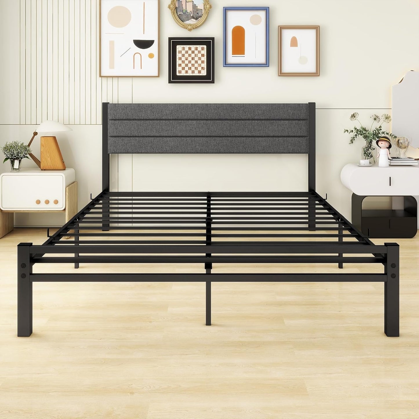 DUMEE Queen Bed Frame, Metal Bed Frame Queen Size with Upholstered Headboard, Heavy Duty Platform Bed Frame No Box Spring Needed &Easy Assembly, Gray Queen Bed