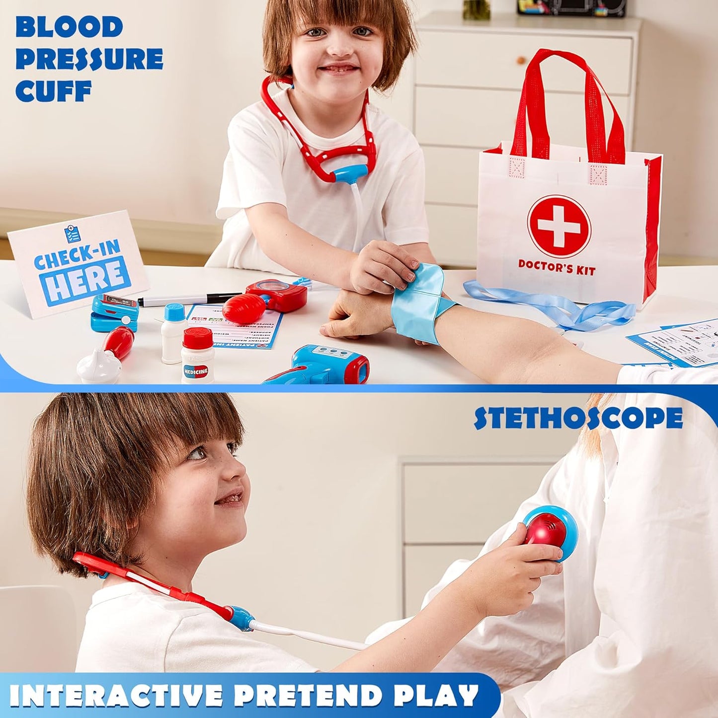 Play-Act Kids Doctor Kit, 16-Piece Pretend Play Medical Kit with Bag, Doctor Role Play Set with Realistic Toy Stethoscope, Reusable Record Cards, Dress Up Playset for Toddlers Ages 3+