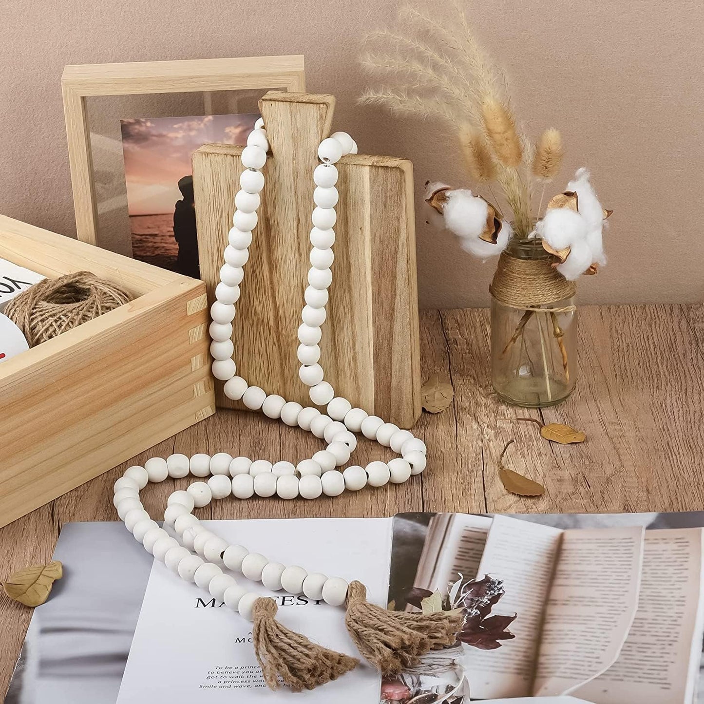 NAGUA 58” Wood Bead Garland Wall Hanging Decor Coffee Table Decor Farmhouse Beads Home Decor for Living Room, Shelf, Tiered Tray, Rustic Boho Decor Wall Hanging Accent