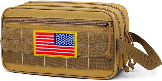Tactical Toiletry Bag for Men Brown Polyester Travel Organizer Water-Resistant Dopp Kit with Compartments Durable Compact Shaving Bag with Large Capacity for Camping Military and Outdoor Use, Brown