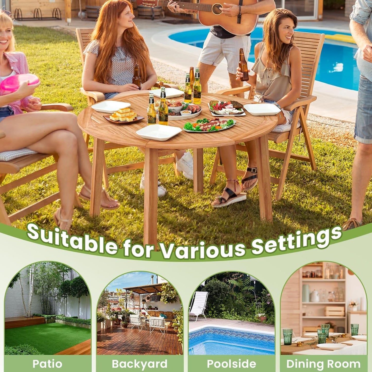HAPPYGRILL Round Patio Dining Table, Acacia Wood Outdoor Dining Table with 2" Umbrella Hole and Slatted Tabletop for 4-6 Person, 53-Inch Dining Furniture for Yard, Deck Lawn, Garden, Natural