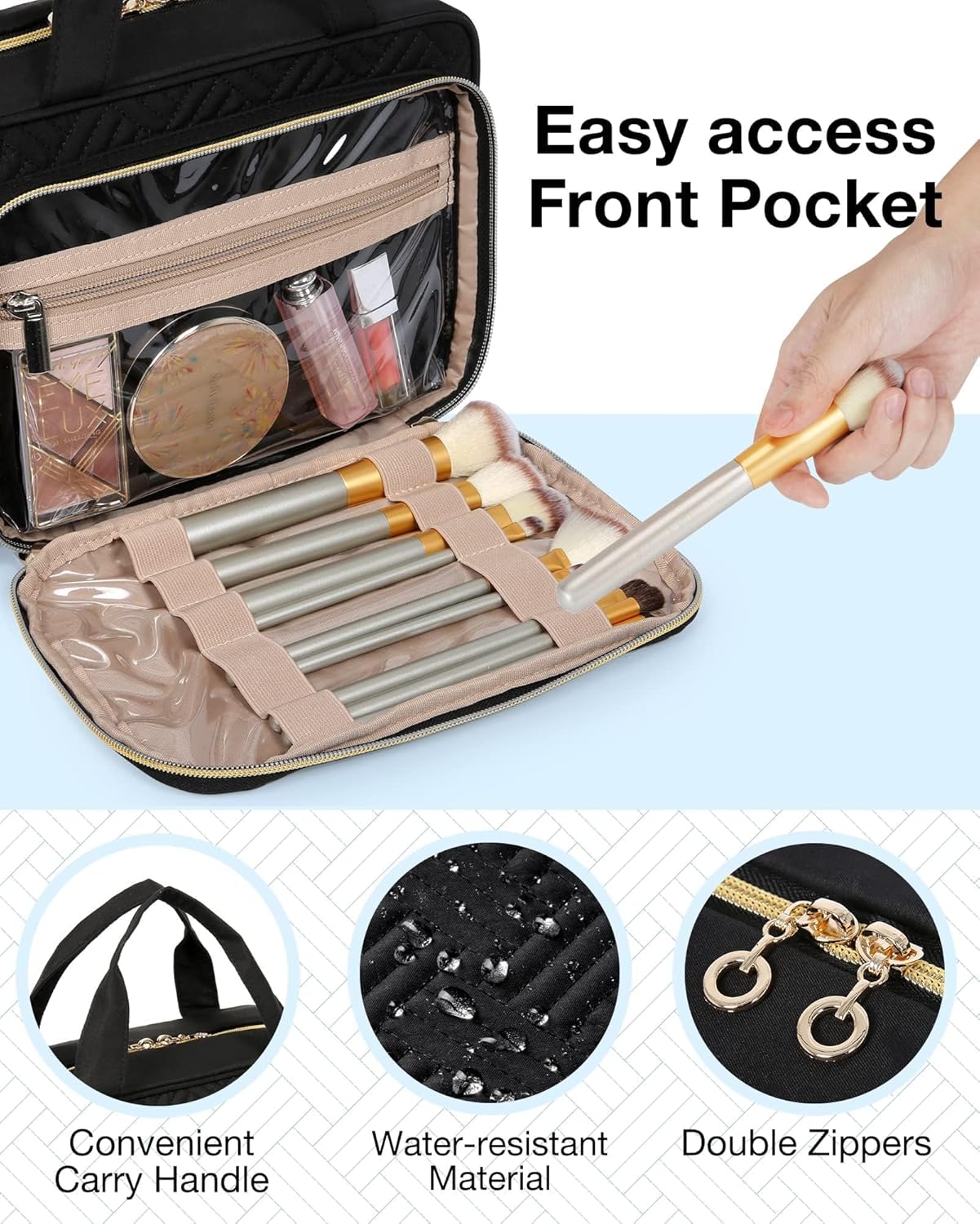 BAGSMART Toiletry Bag Hanging Travel Makeup Organizer with TSA Approved Transparent Cosmetic Bag Makeup Bag for Full Sized Toiletries (Black, Large)