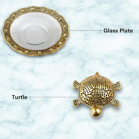 Wonder Care | Feng Shui Tortoise Statue Within Glass Plate Sculpted in Great Detail in Ivory Antique Finish - Idol for Car | Home Decor | Gift | (Turtle Plate 5")