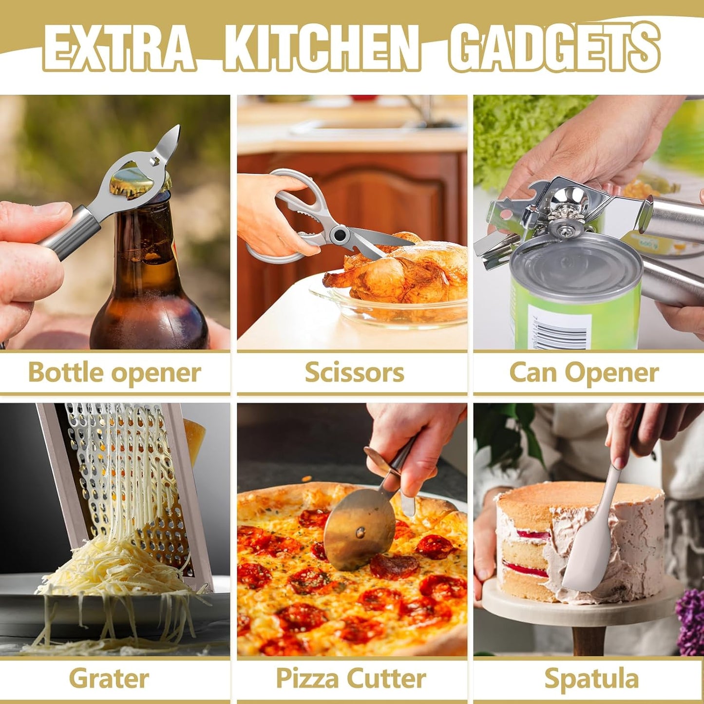 Umite Chef Cooking Utensils Set- Khaki Silicone Kitchen Utensils Set, 34PCS Heat Resistant Kitchen Gadgets Tools Set with Grater, Wooden Handle Kitchen Utensil Spatula Set for Nonstick Cookware