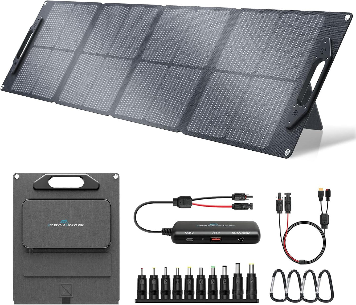 Ecosonique 100W Portable Solar Panel with Adjustable Kickstands,22V MC4/12V DC/QC 3.0 USB-A USB-C(PD 60W)Foldable Solar Panel Charger with Detachable Power Hub,IP67 Waterproof Solar Panels for Camping
