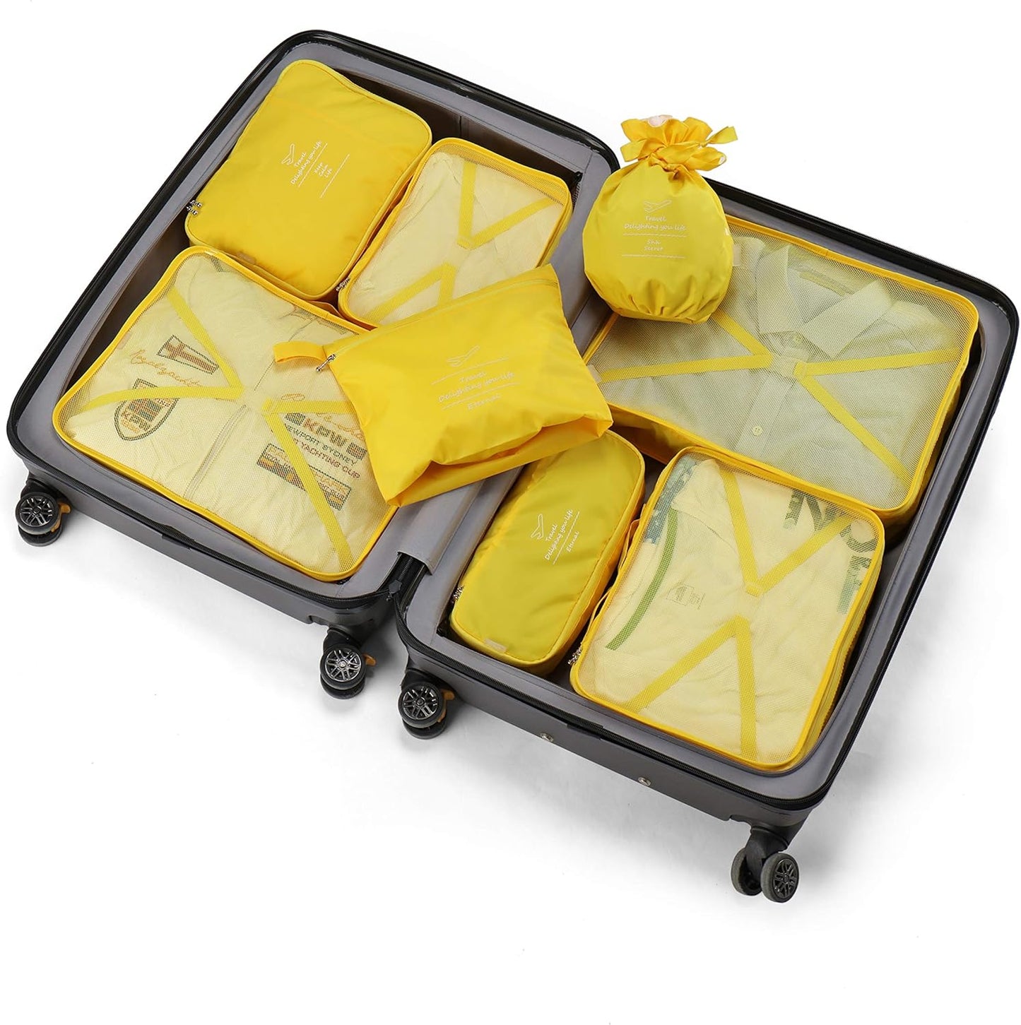 Suitcase Organizer 8 Pieces Latest Travel Design Travel Organizers Include Waterproof Storage Bag Shoe Compression Bags for Travel, yellow