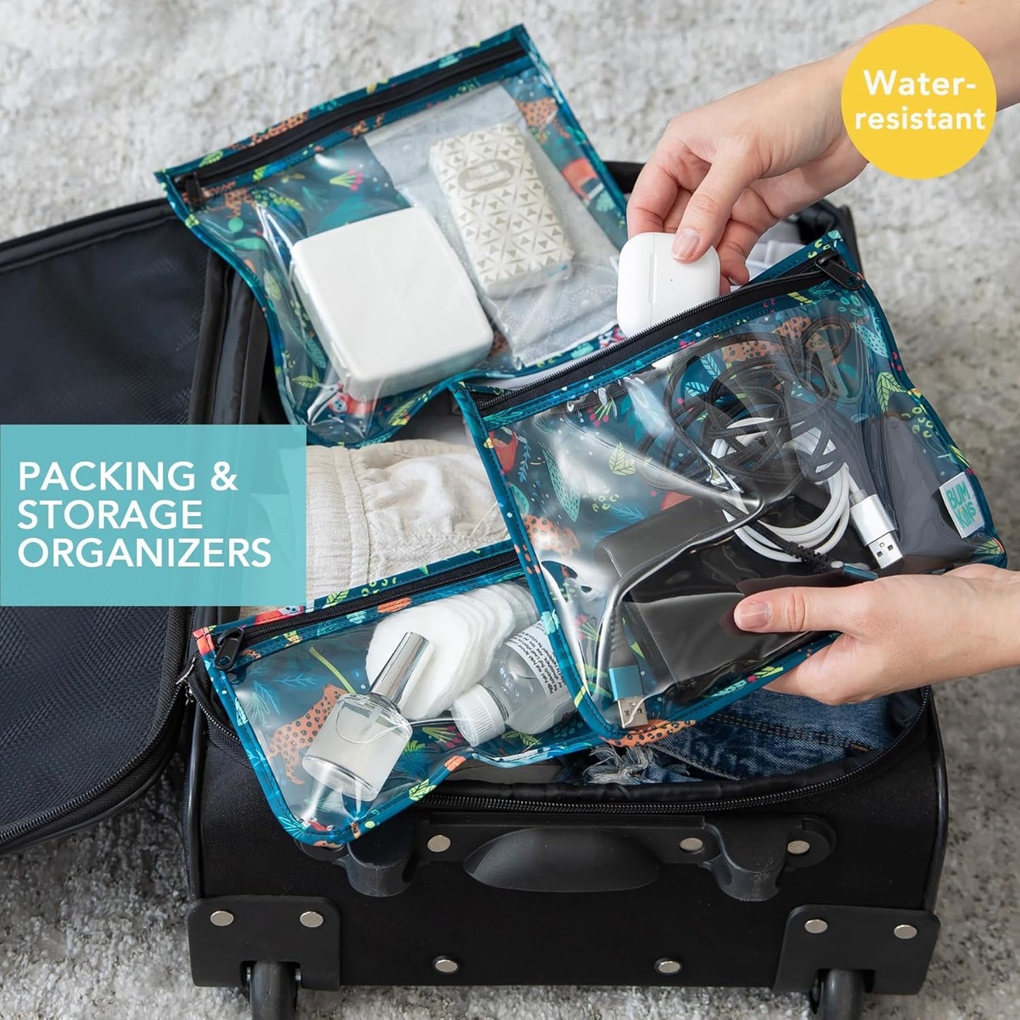 Bumkins Travel Bag, Toiletry, TSA Approved Pouch, Zip Bag, Quart Size Airline Compliant, Clear-Sided, Baby, Diaper Bag Organization, Makeup, Accessories, Packing, Set of 3 Sizes, Jungle