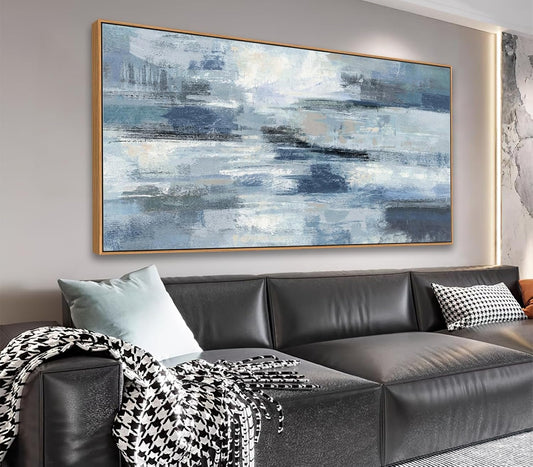 Abstract Framed Canvas Wall Art Vintage Blue White Grey Pictures Ocean Wall Decor Modern Artwork Painting Prints for Living Room Bedroom Bathroom Office Home Decoration Ready to Hang 60x120 CM