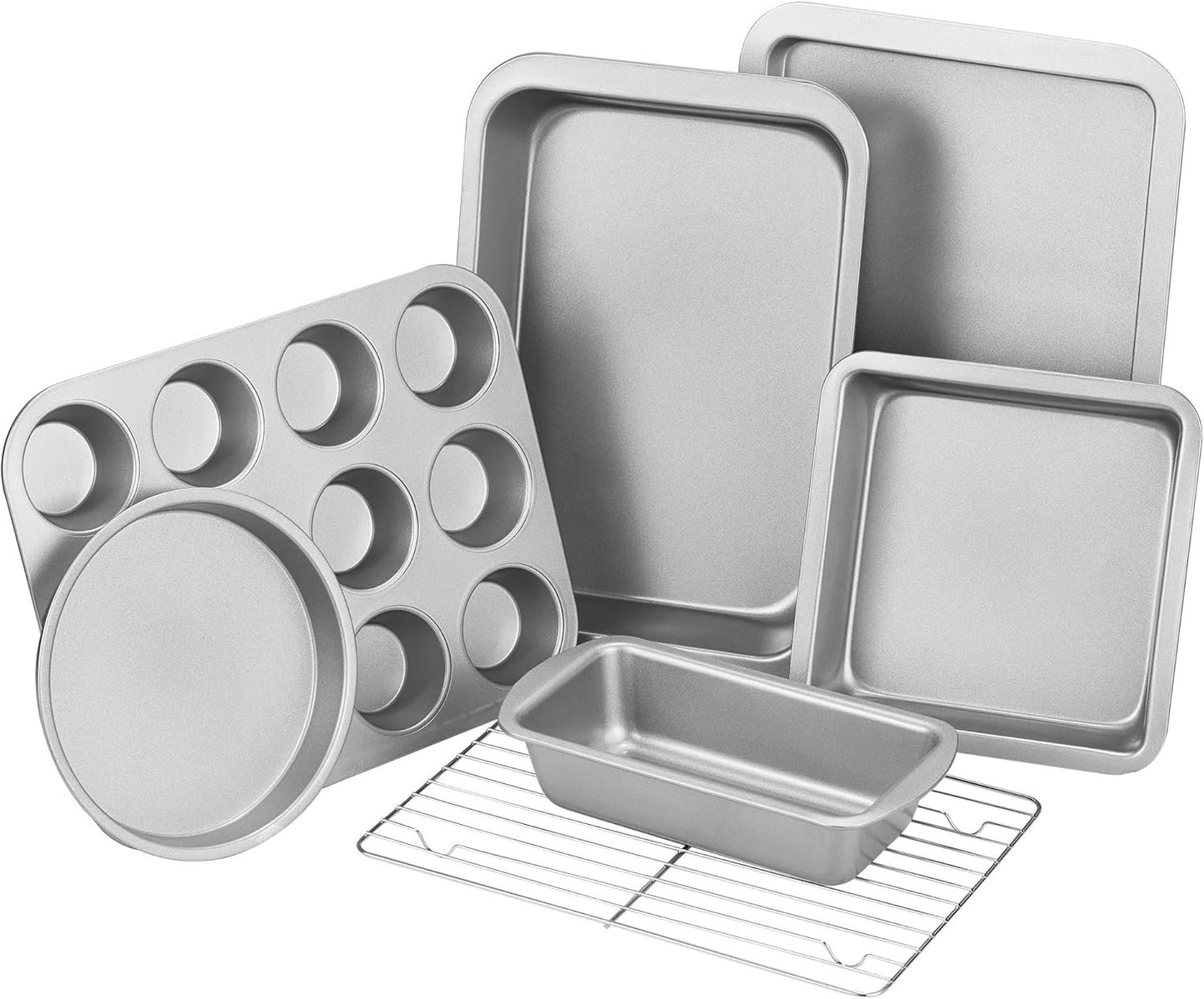 KITESSENSU Baking Pans Sets, Nonstick Bakeware Set 7-Piece with Round/Square Cake Pan, Loaf Pan, Muffin Pan, Cookie Sheet, Roast Pan, Cooling Rack, Carbon Steel Bake Set Silver
